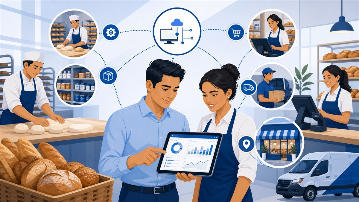 Panadería revisando operación centralizada en tablet