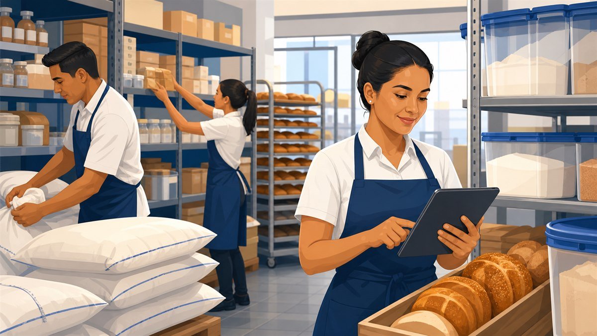 Equipo de panadería revisando materia prima e inventario