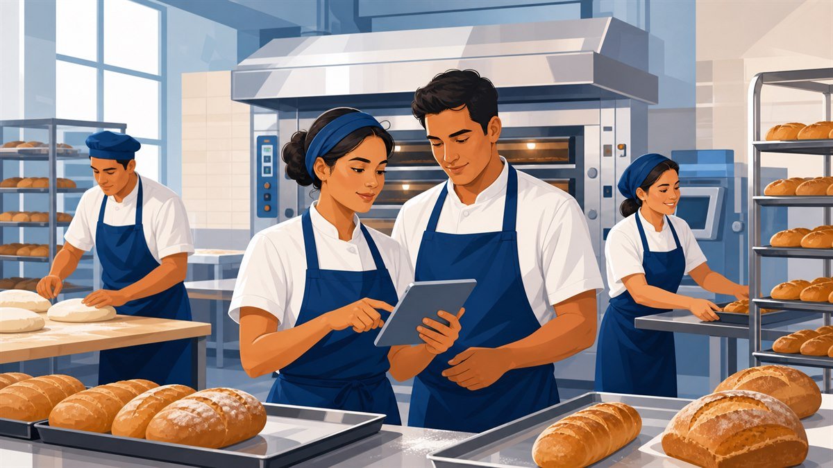 Equipo de panadería revisando producción en tablet