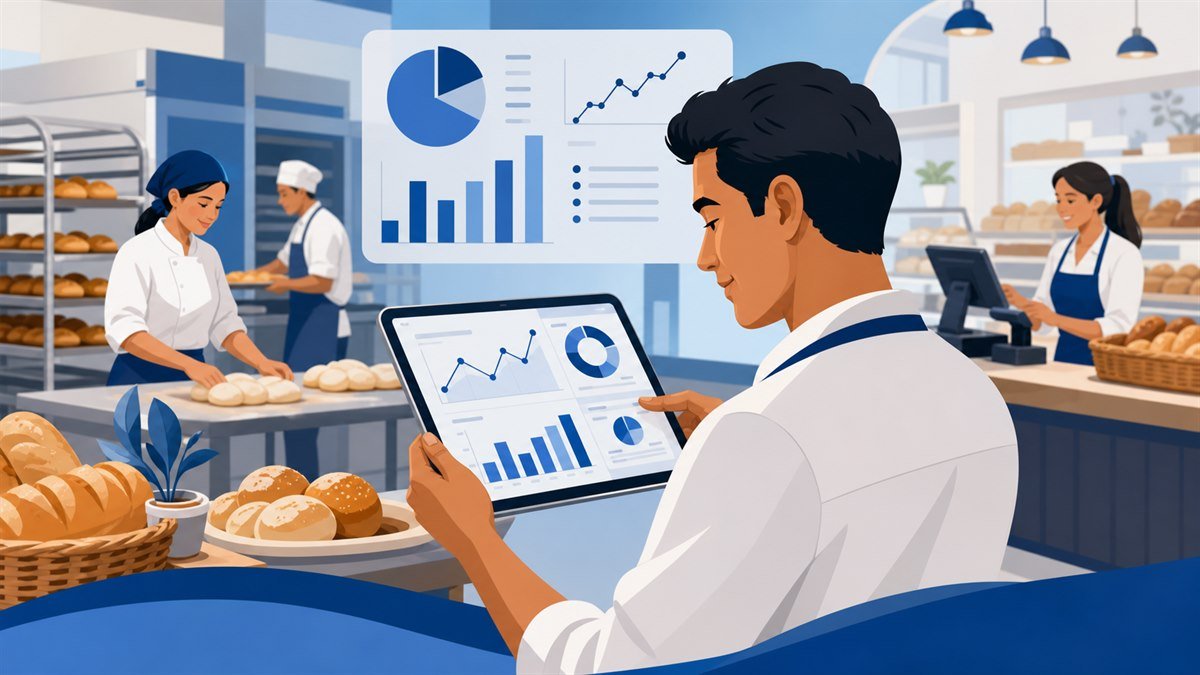 Equipo de panadería revisando reportes de operación