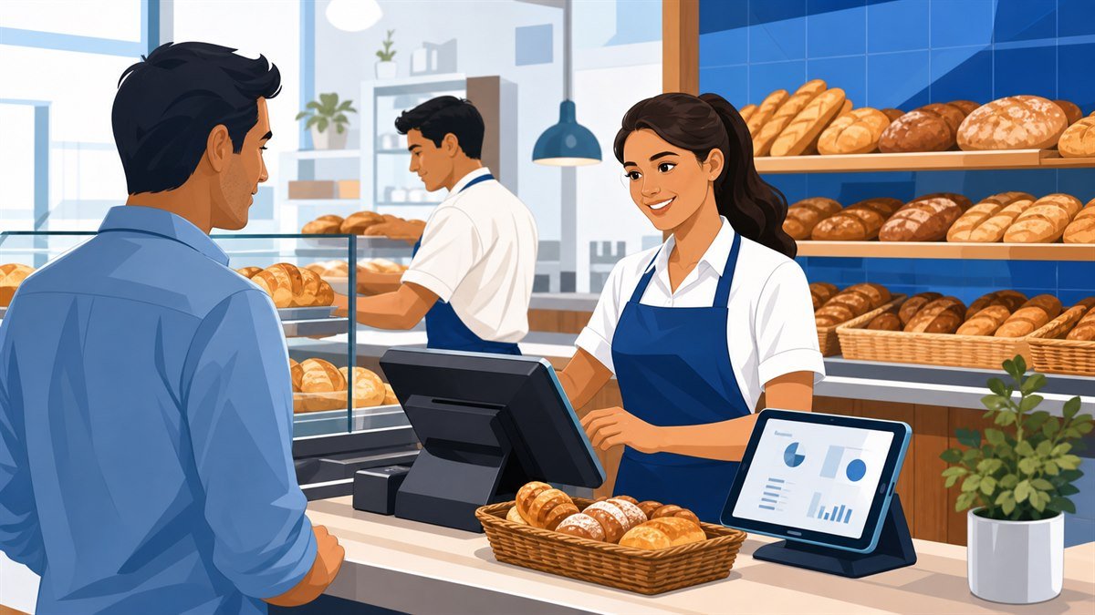 Equipo de panadería revisando ventas y expendio