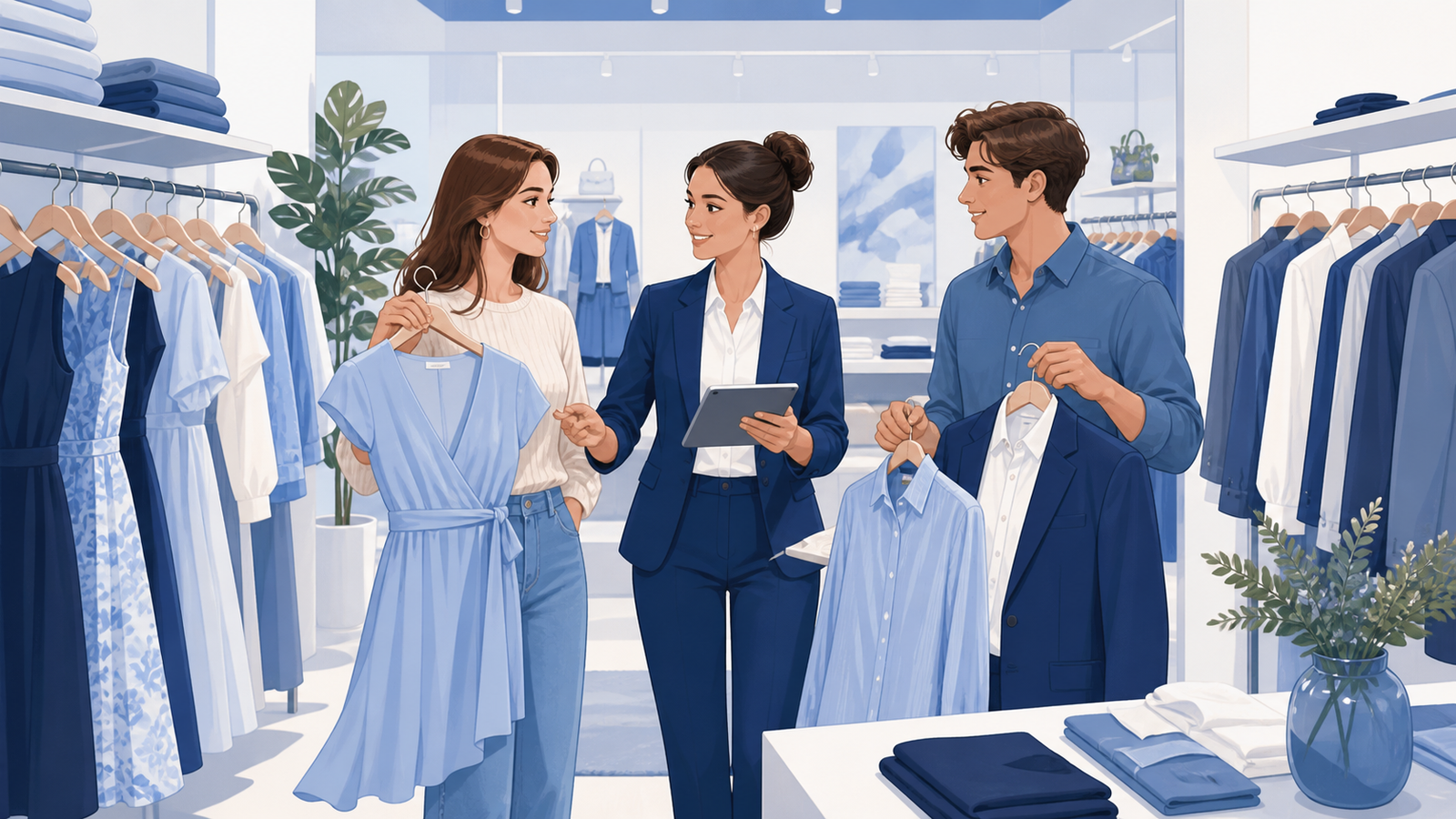 Personal atendiendo clientes entre prendas y accesorios de moda