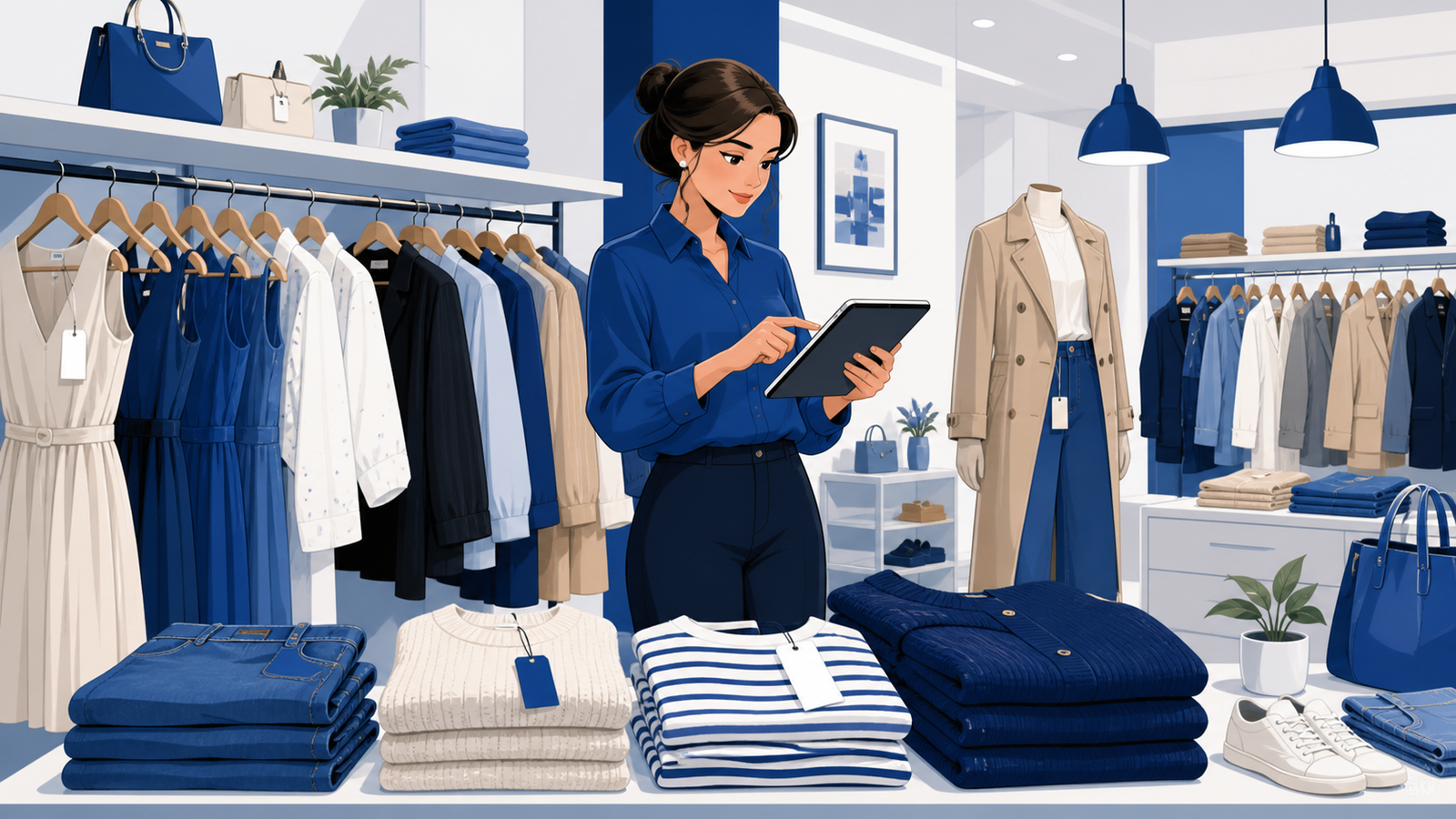 Personal revisando prendas e inventario en una boutique de moda