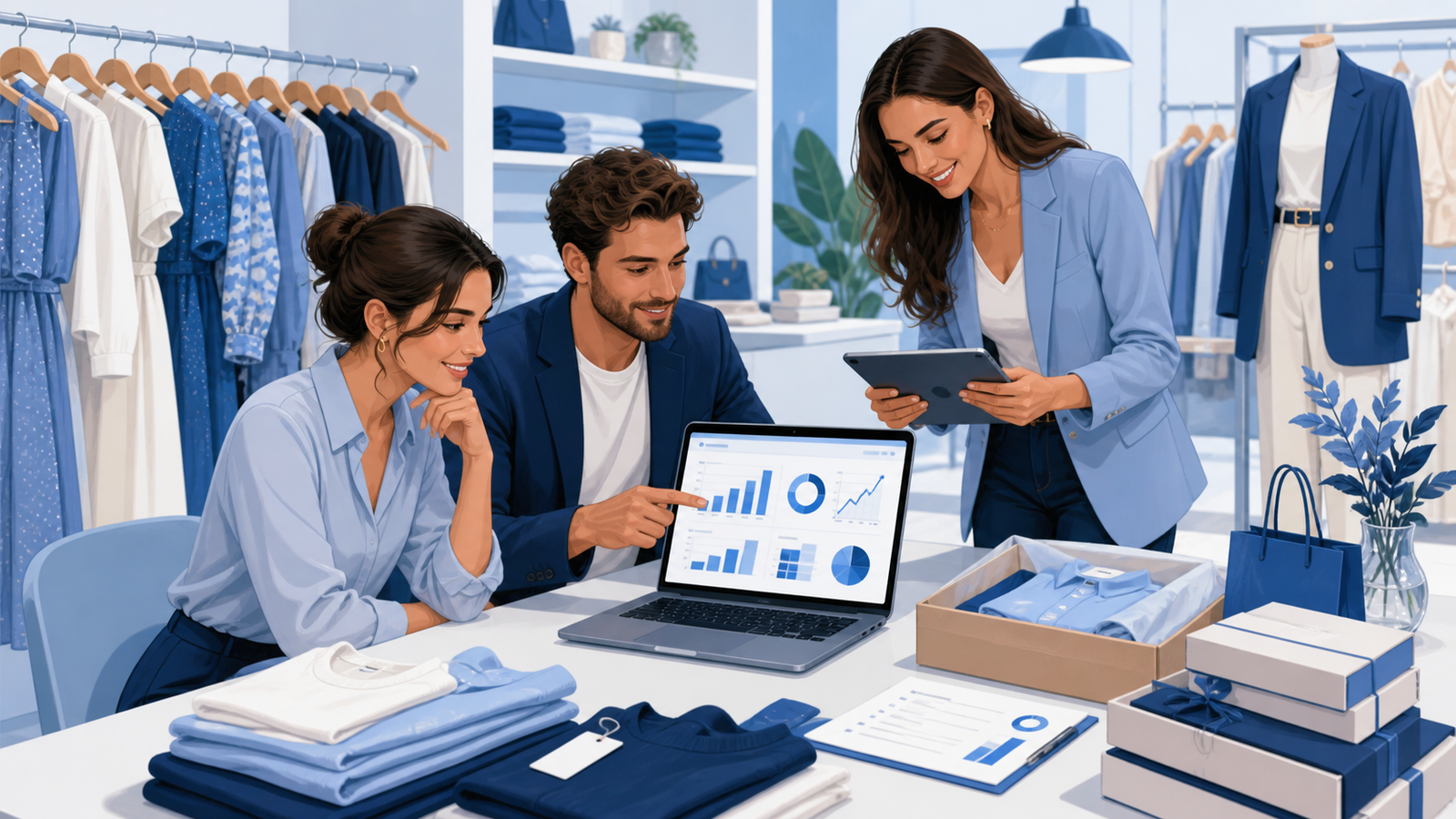 Equipo de una boutique revisando resultados entre prendas y pedidos