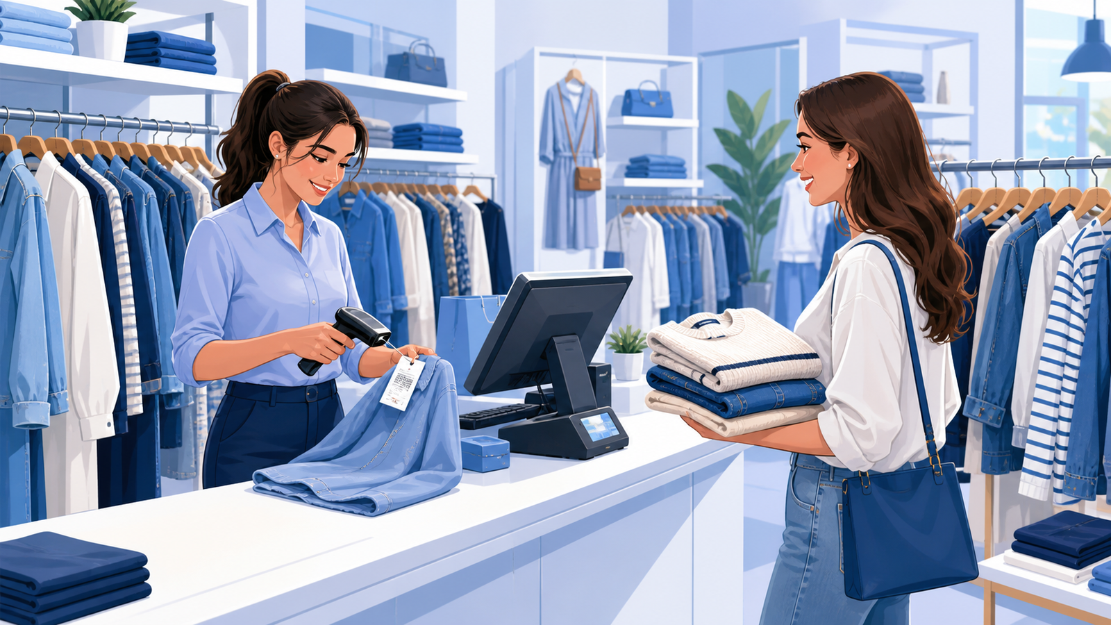 Personal registrando prendas en el punto de venta de una boutique