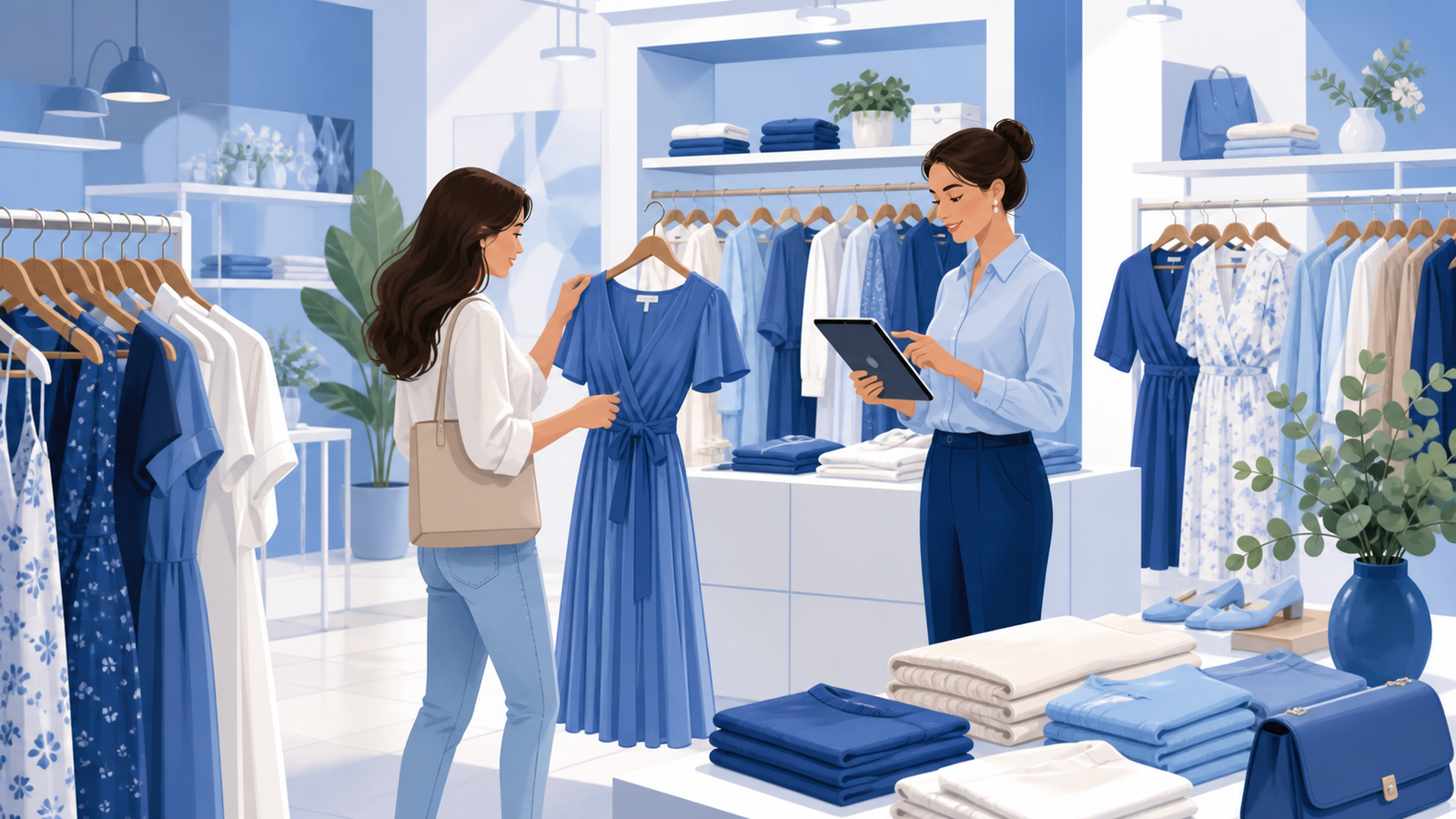Cliente y personal revisando una prenda reservada en una boutique